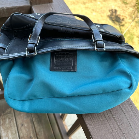 Coach Leatherware 2005 Vintage Signature Jacquard Black Handbag Teal Stitching - Picture 12 of 16